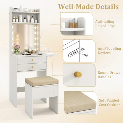 Compact Vanity Table Set with 3-Color LED Mirror, Charging Station and Storage Drawers – White