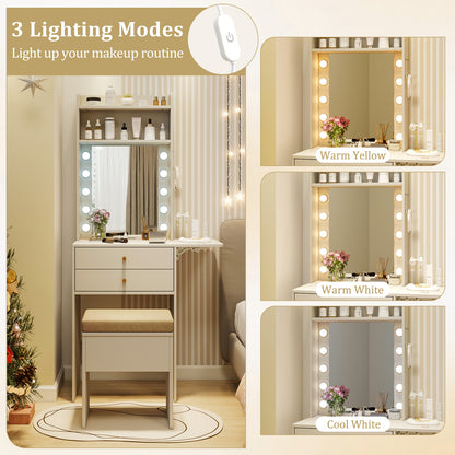 Compact Vanity Table Set with 3-Color LED Mirror, Charging Station and Storage Drawers – White