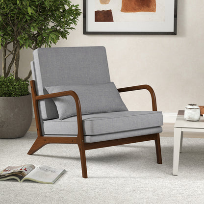 Modern Fabric Accent Chair with Wide Seat and Wooden Arms – Grey