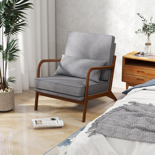 Modern Fabric Accent Chair with Wide Seat and Wooden Arms – Grey
