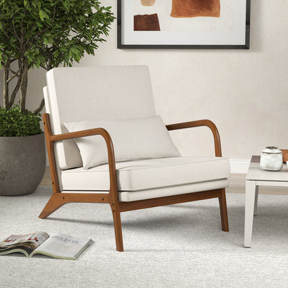 Modern Fabric Accent Chair with Wide Seat and Wooden Arms – Beige
