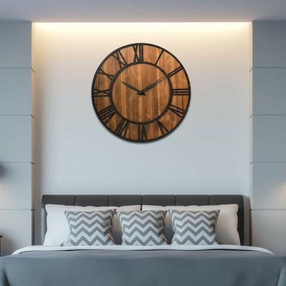 27.5 Inch Rustic Wooden Wall Clock with Roman Numerals - Silent Battery Operated