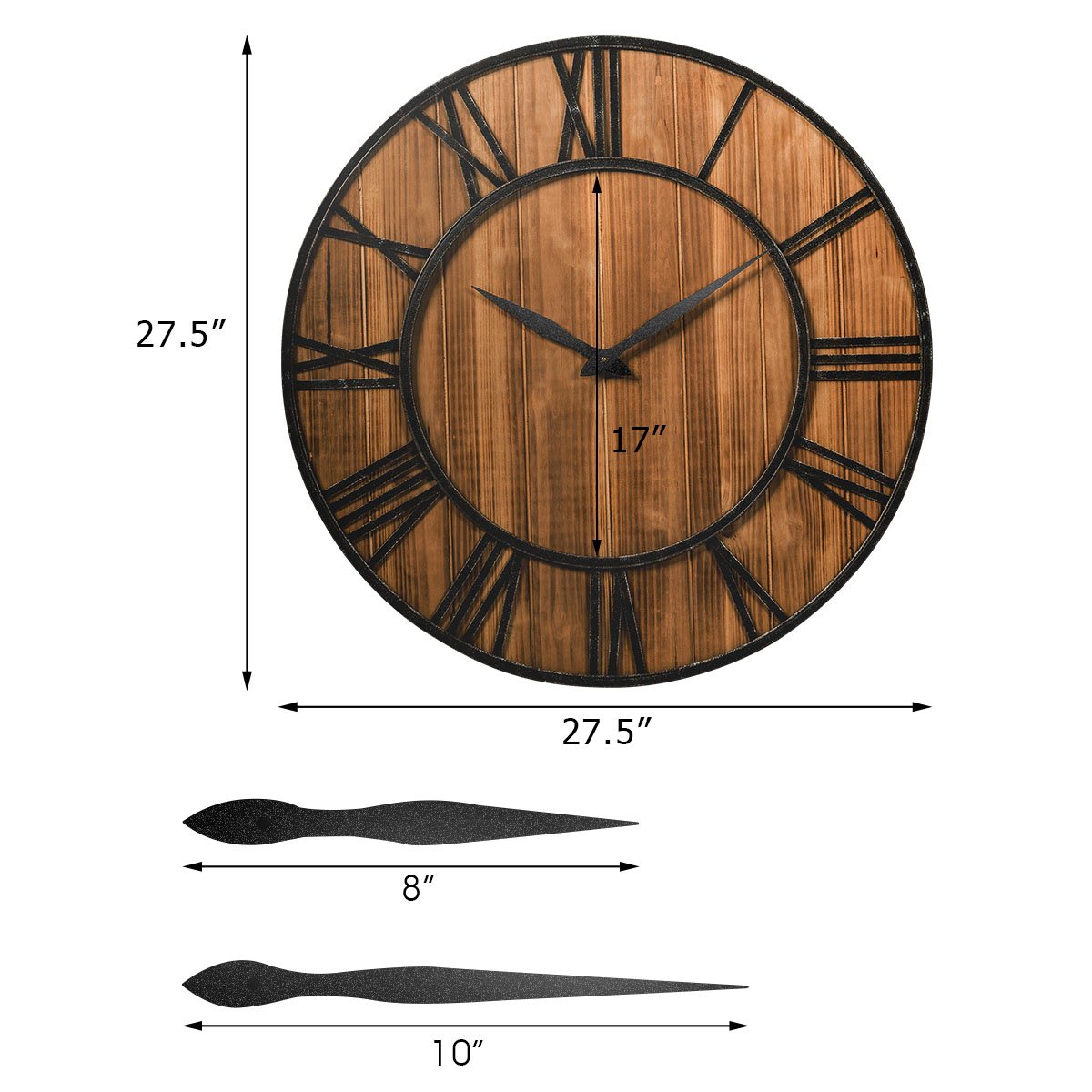 27.5 Inch Rustic Wooden Wall Clock with Roman Numerals - Silent Battery Operated