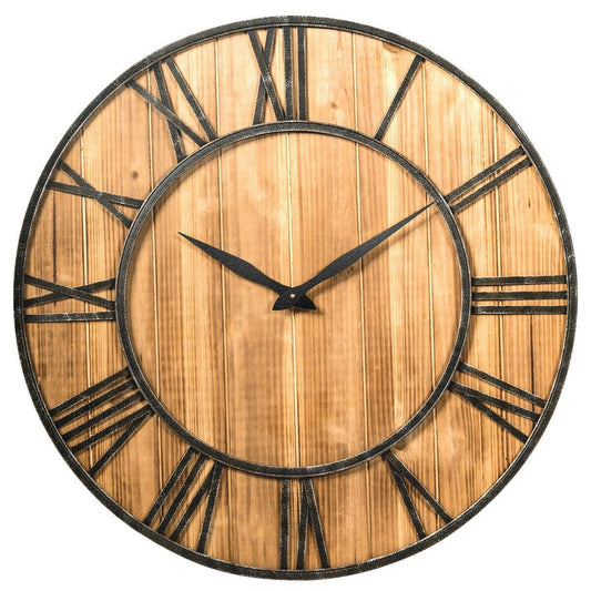 27.5 Inch Rustic Wooden Wall Clock with Roman Numerals - Silent Battery Operated