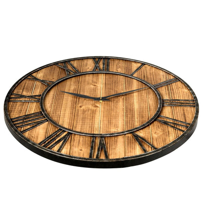 27.5 Inch Rustic Wooden Wall Clock with Roman Numerals - Silent Battery Operated