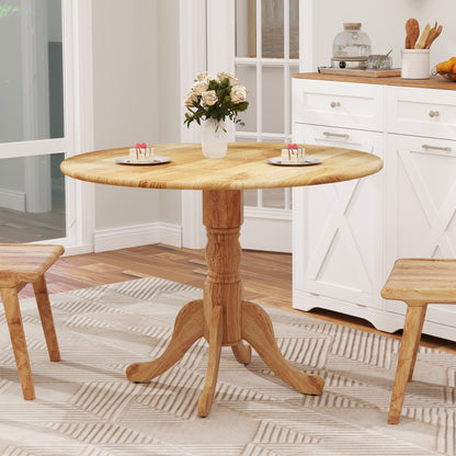 Elegant Round Wooden Dining Table with Curved Trestle Legs in Natural Finish