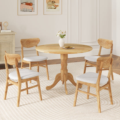 Elegant Round Wooden Dining Table with Curved Trestle Legs in Natural Finish