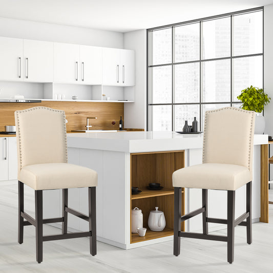Set of 2 Upholstered Fabric Counter Height Dining Chairs with Nailhead Trim in Beige