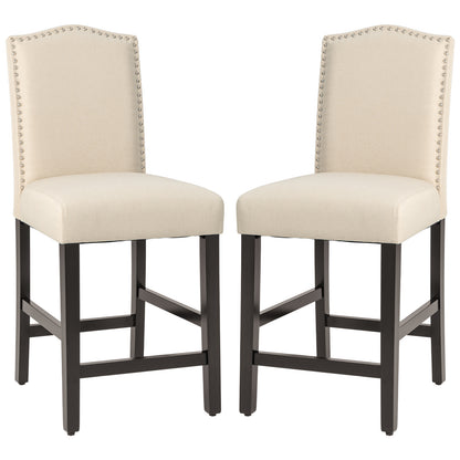 Set of 2 Upholstered Fabric Counter Height Dining Chairs with Nailhead Trim in Beige