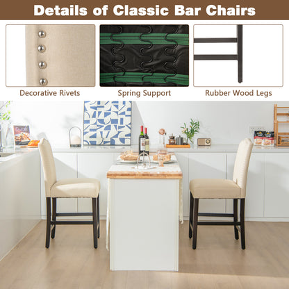 Set of 2 Upholstered Fabric Counter Height Dining Chairs with Nailhead Trim in Beige