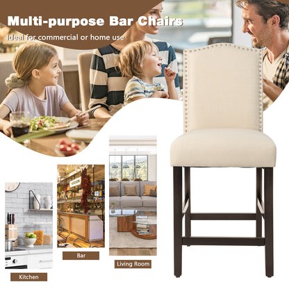 Set of 2 Upholstered Fabric Counter Height Dining Chairs with Nailhead Trim in Beige