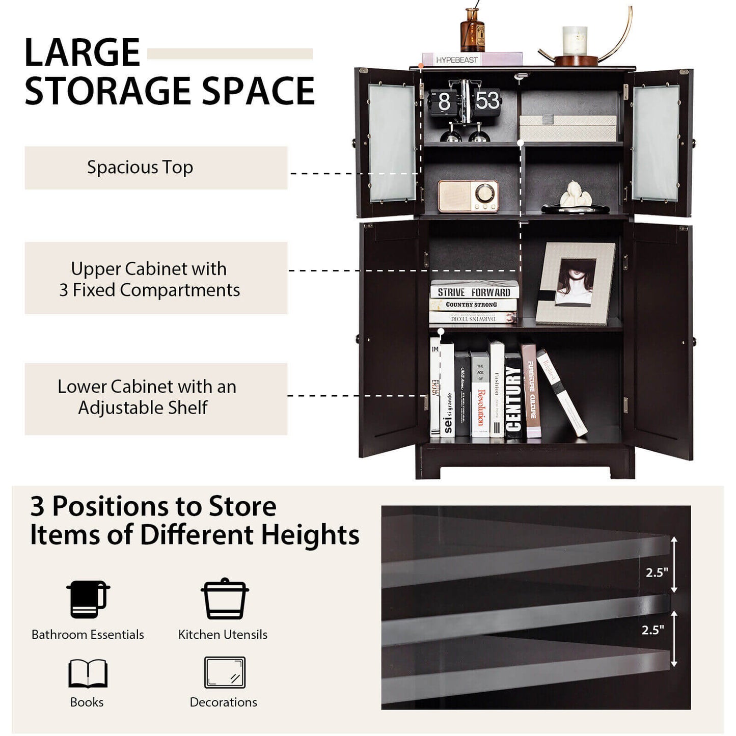 4 Door Freestanding Bathroom & Kitchen Storage Cabinet with Adjustable Shelf