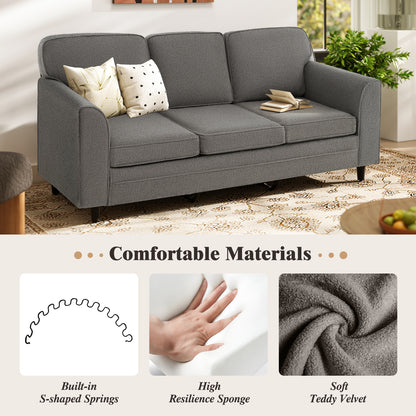 Modern 3-Seat Sofa with Supportive Back Pillows and Teddy Velvet Upholstery in Grey