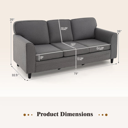 Modern 3-Seat Sofa with Supportive Back Pillows and Teddy Velvet Upholstery in Grey