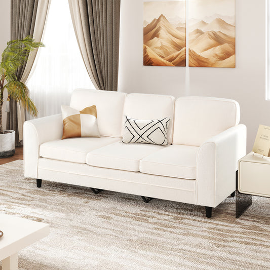 Modern 3-Seat Sofa with Supportive Back Pillows and Teddy Velvet Upholstery in White