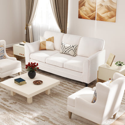 Modern 3-Seat Sofa with Supportive Back Pillows and Teddy Velvet Upholstery in White