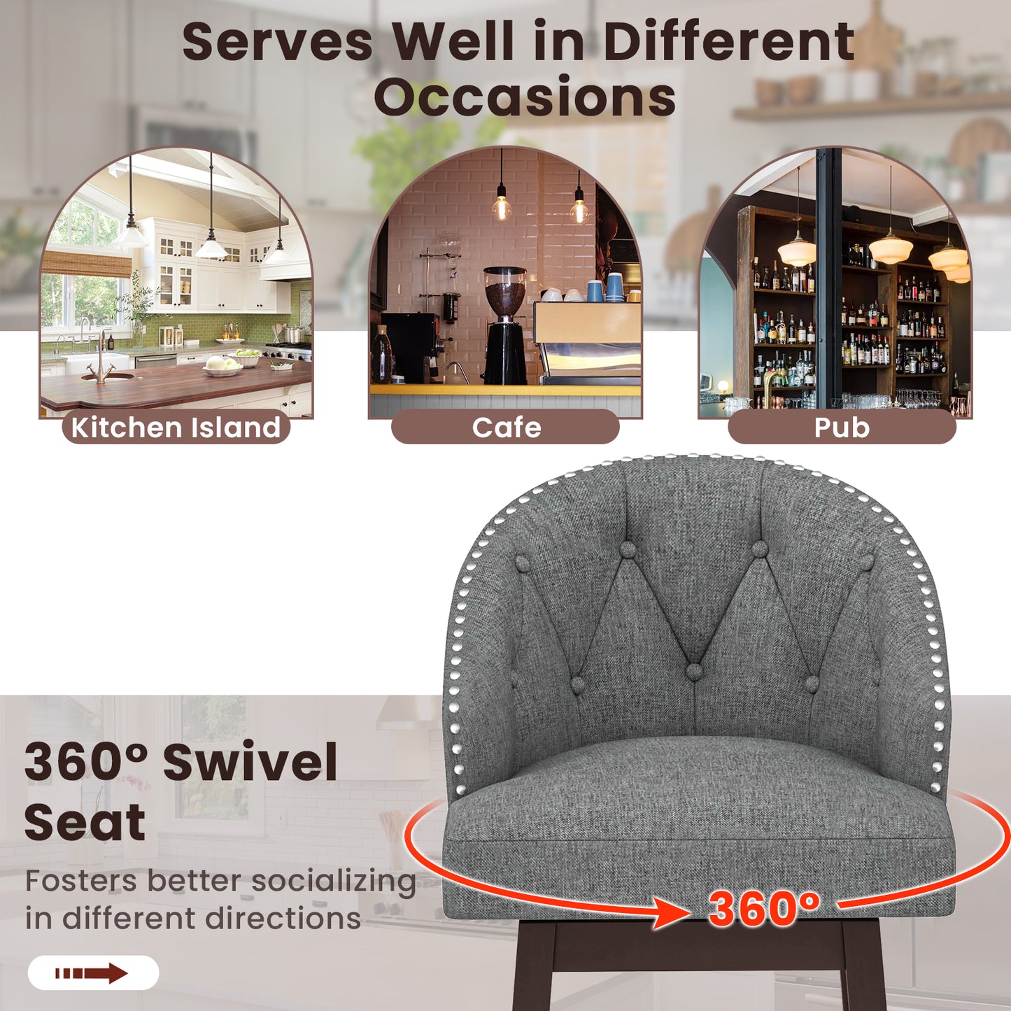 Set of 2 Swivel Bar Stools with Tufted Backrest and Rubber Wood Legs for Kitchen or Pub - Grey