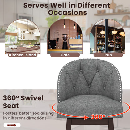 Set of 2 Swivel Bar Stools with Tufted Backrest and Rubber Wood Legs for Kitchen or Pub - Grey