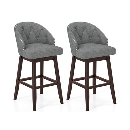 Set of 2 Swivel Bar Stools with Tufted Backrest and Rubber Wood Legs for Kitchen or Pub - Grey