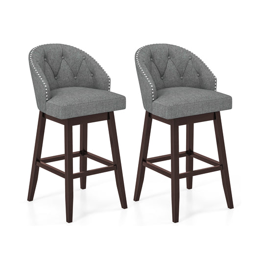 Set of 2 Swivel Bar Stools with Tufted Backrest and Rubber Wood Legs for Kitchen or Pub - Grey