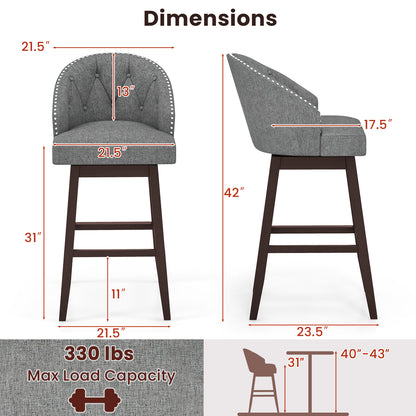 Set of 2 Swivel Bar Stools with Tufted Backrest and Rubber Wood Legs for Kitchen or Pub - Grey