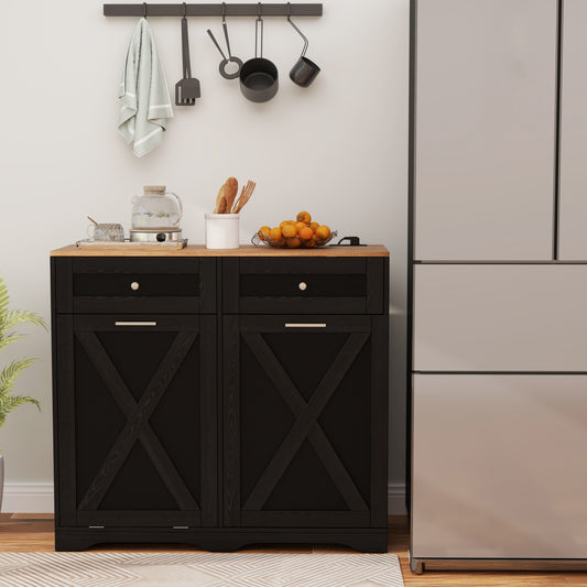 Modern Tilt-Out Trash Can Cabinet with Built-In Power Outlets and Adjustable Shelves - Black