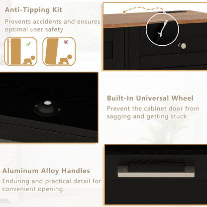 Modern Tilt-Out Trash Can Cabinet with Built-In Power Outlets and Adjustable Shelves - Black