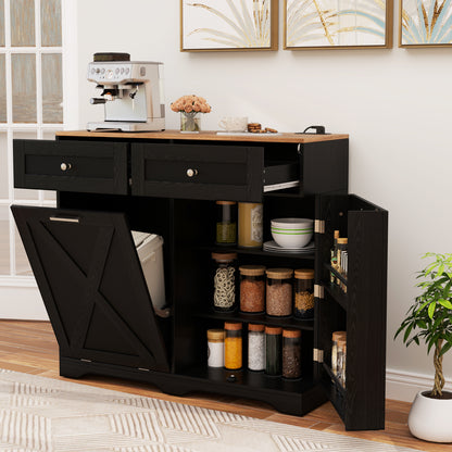 Modern Tilt-Out Trash Can Cabinet with Built-In Power Outlets and Adjustable Shelves - Black
