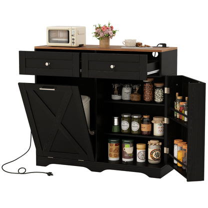 Modern Tilt-Out Trash Can Cabinet with Built-In Power Outlets and Adjustable Shelves - Black