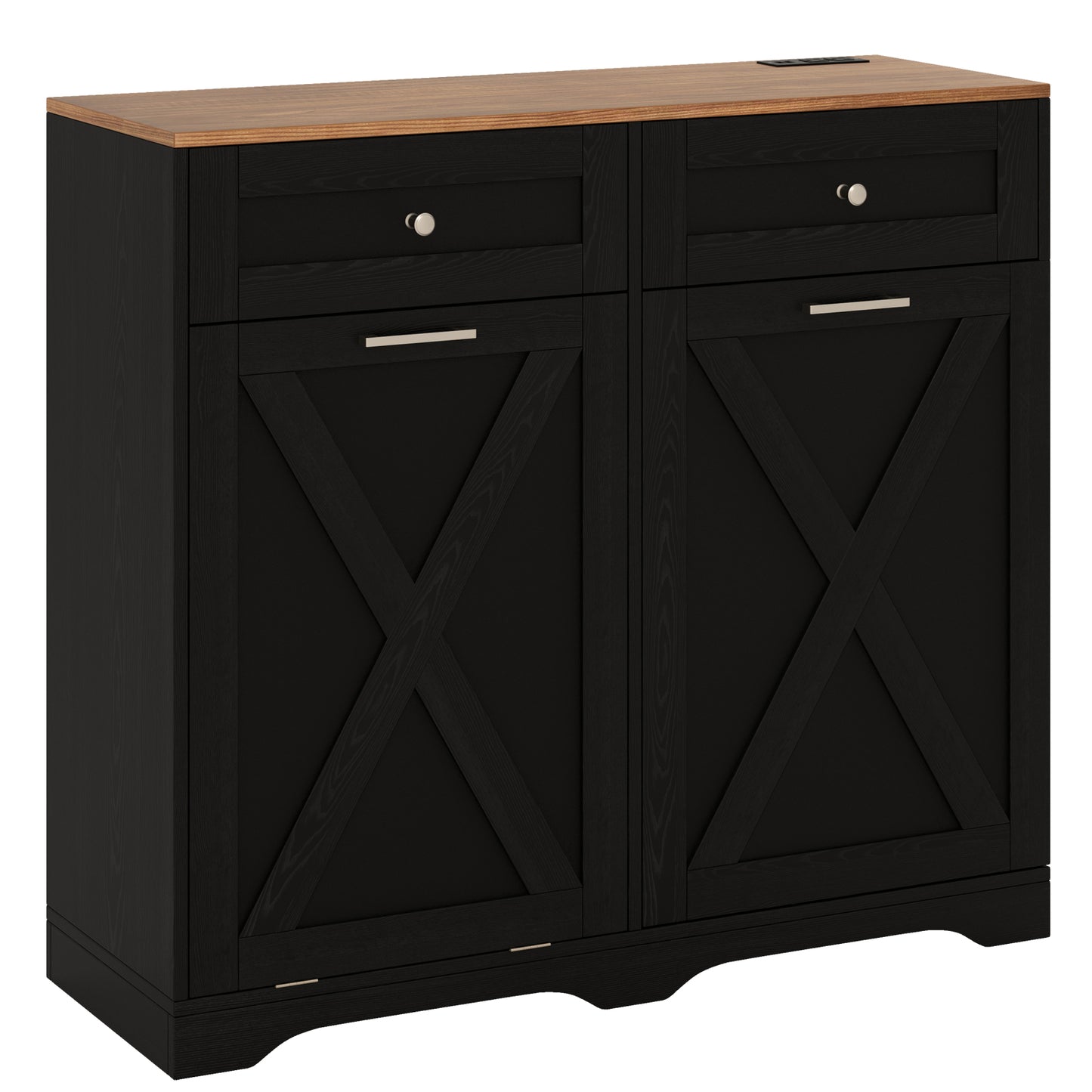 Modern Tilt-Out Trash Can Cabinet with Built-In Power Outlets and Adjustable Shelves - Black
