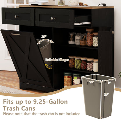 Modern Tilt-Out Trash Can Cabinet with Built-In Power Outlets and Adjustable Shelves - Black