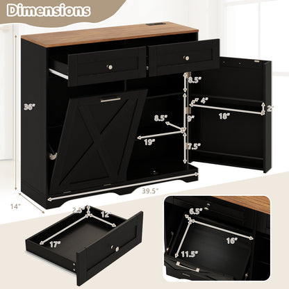 Modern Tilt-Out Trash Can Cabinet with Built-In Power Outlets and Adjustable Shelves - Black