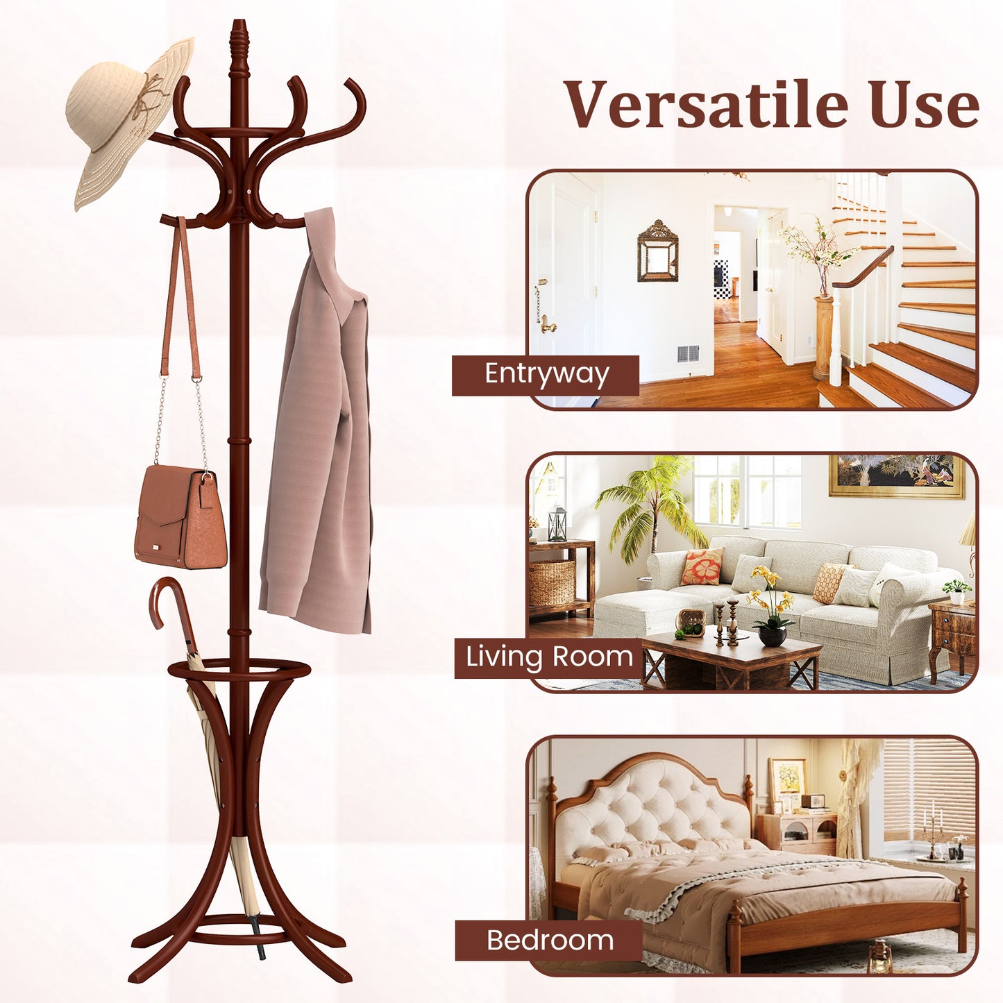 Wooden Standing Coat Rack with 12 Hooks and Umbrella Stand in Brown