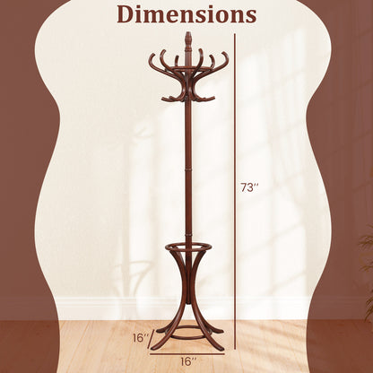 Wooden Standing Coat Rack with 12 Hooks and Umbrella Stand in Brown