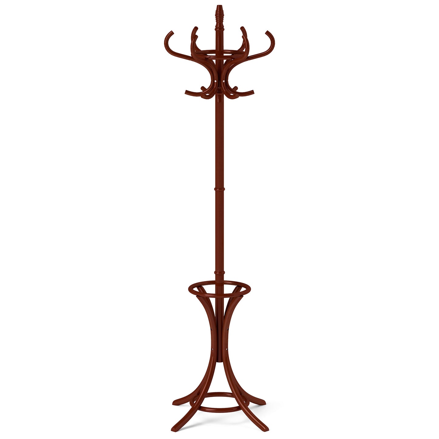 Wooden Standing Coat Rack with 12 Hooks and Umbrella Stand in Brown