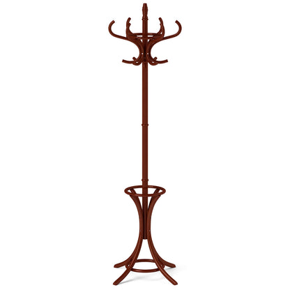 Wooden Standing Coat Rack with 12 Hooks and Umbrella Stand in Brown