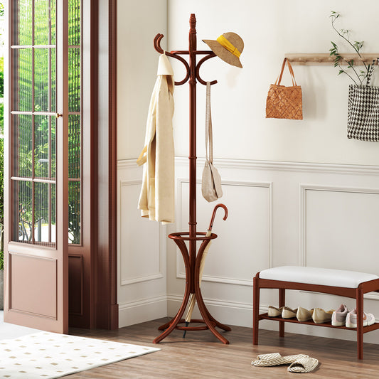 Wooden Standing Coat Rack with 12 Hooks and Umbrella Stand in Brown