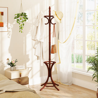 Wooden Standing Coat Rack with 12 Hooks and Umbrella Stand in Brown