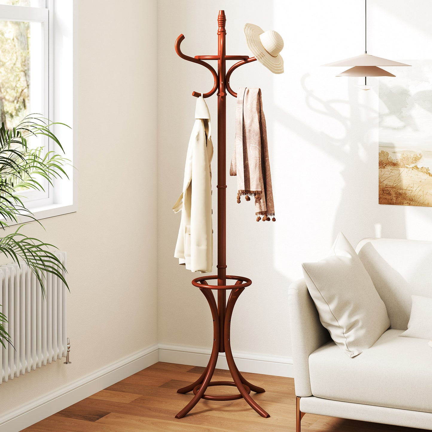 Wooden Standing Coat Rack with 12 Hooks and Umbrella Stand in Brown
