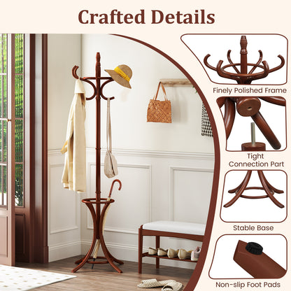 Wooden Standing Coat Rack with 12 Hooks and Umbrella Stand in Brown