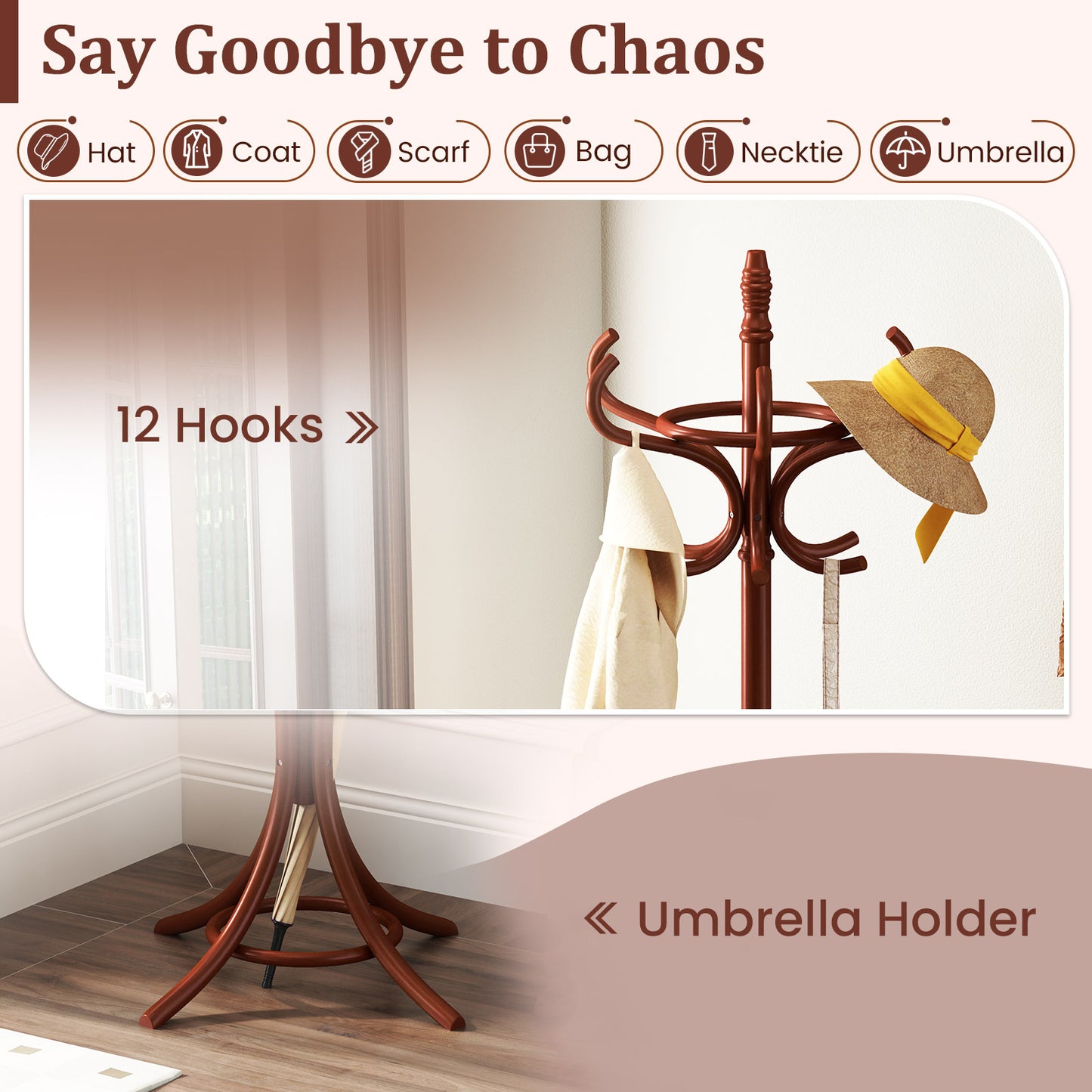 Wooden Standing Coat Rack with 12 Hooks and Umbrella Stand in Brown