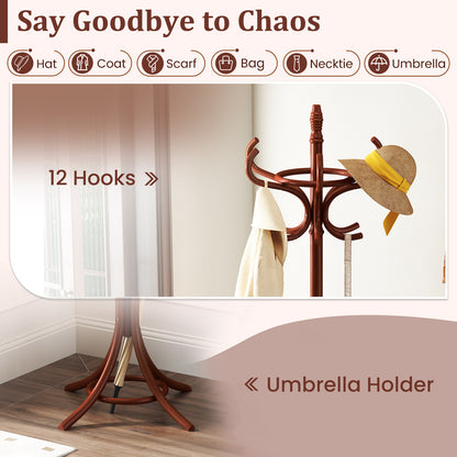Wooden Standing Coat Rack with 12 Hooks and Umbrella Stand in Brown
