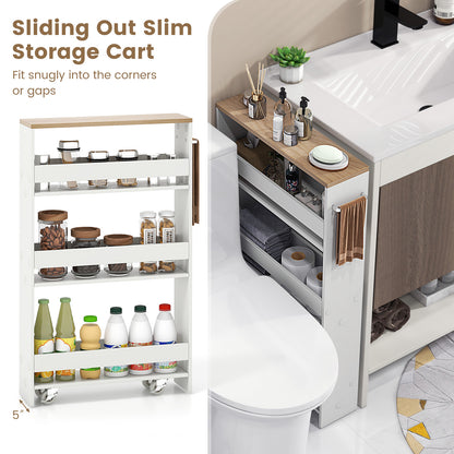 Slim Rolling Kitchen Storage Cart with Mobile Shelves and Handle - White