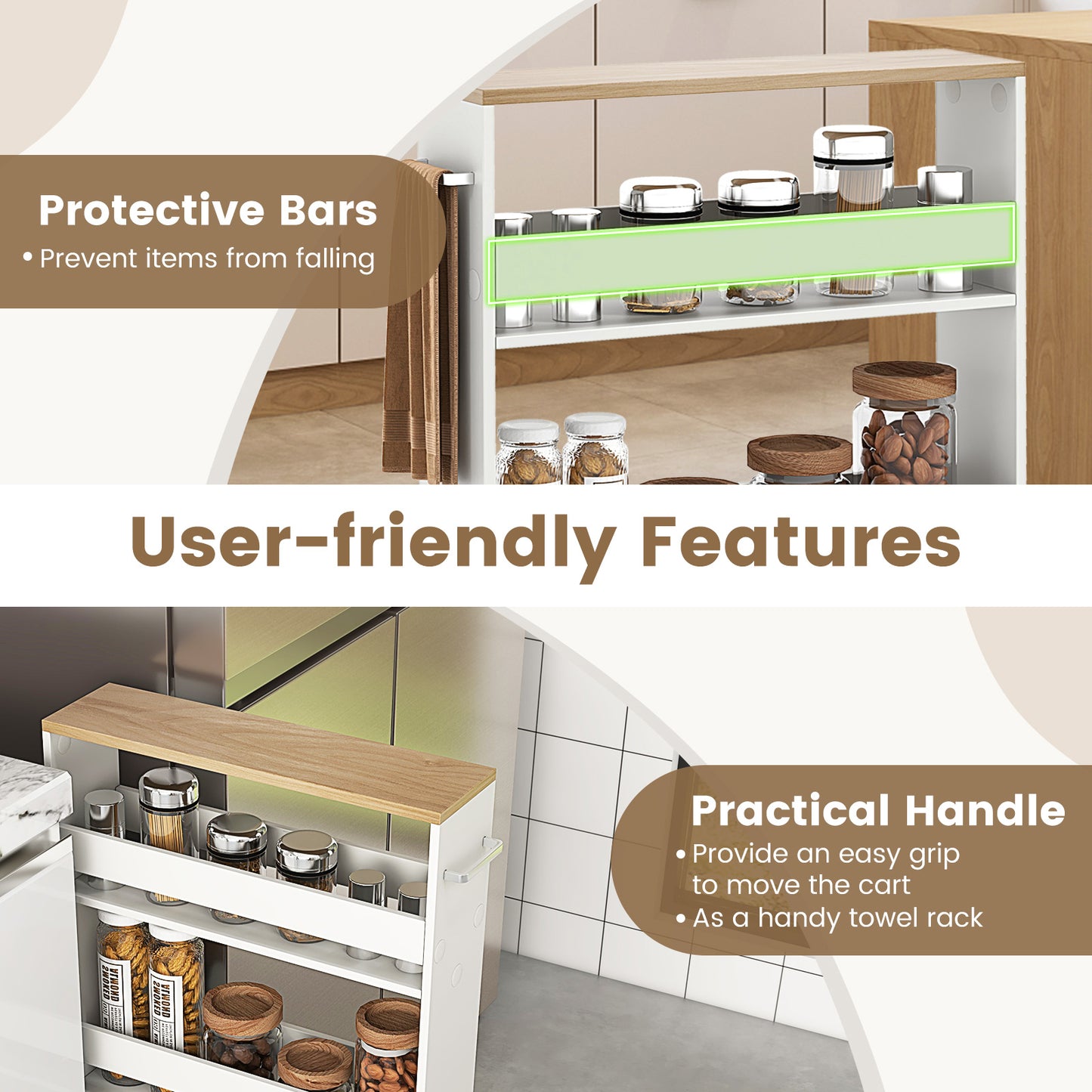 Slim Rolling Kitchen Storage Cart with Mobile Shelves and Handle - White