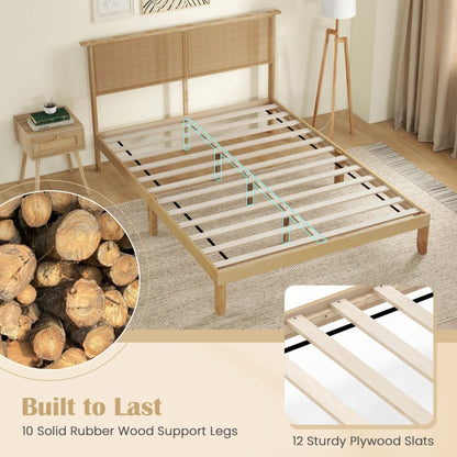 Boho Rattan Headboard Wooden Platform Bed Frame – Queen Size