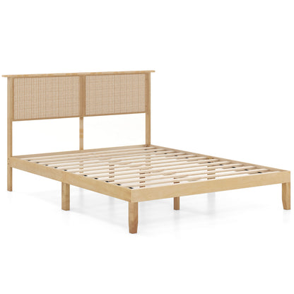 Boho Rattan Headboard Wooden Platform Bed Frame – Queen Size
