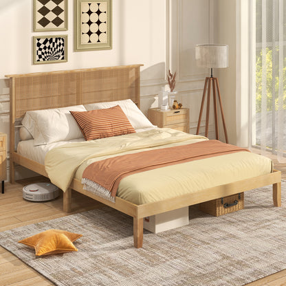 Boho Rattan Headboard Wooden Platform Bed Frame – Queen Size