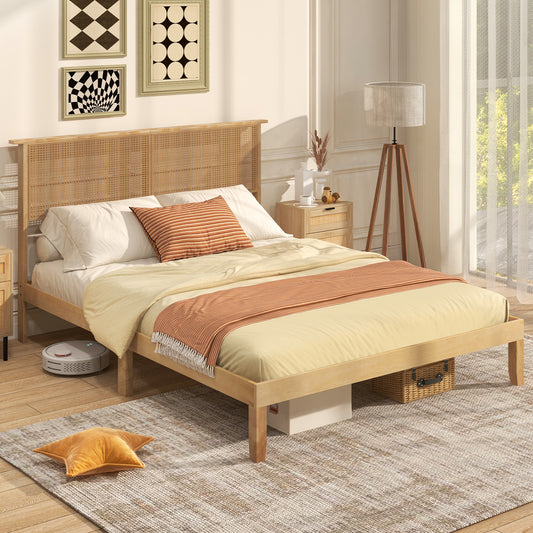 Boho Rattan Headboard Wooden Platform Bed Frame – Queen Size
