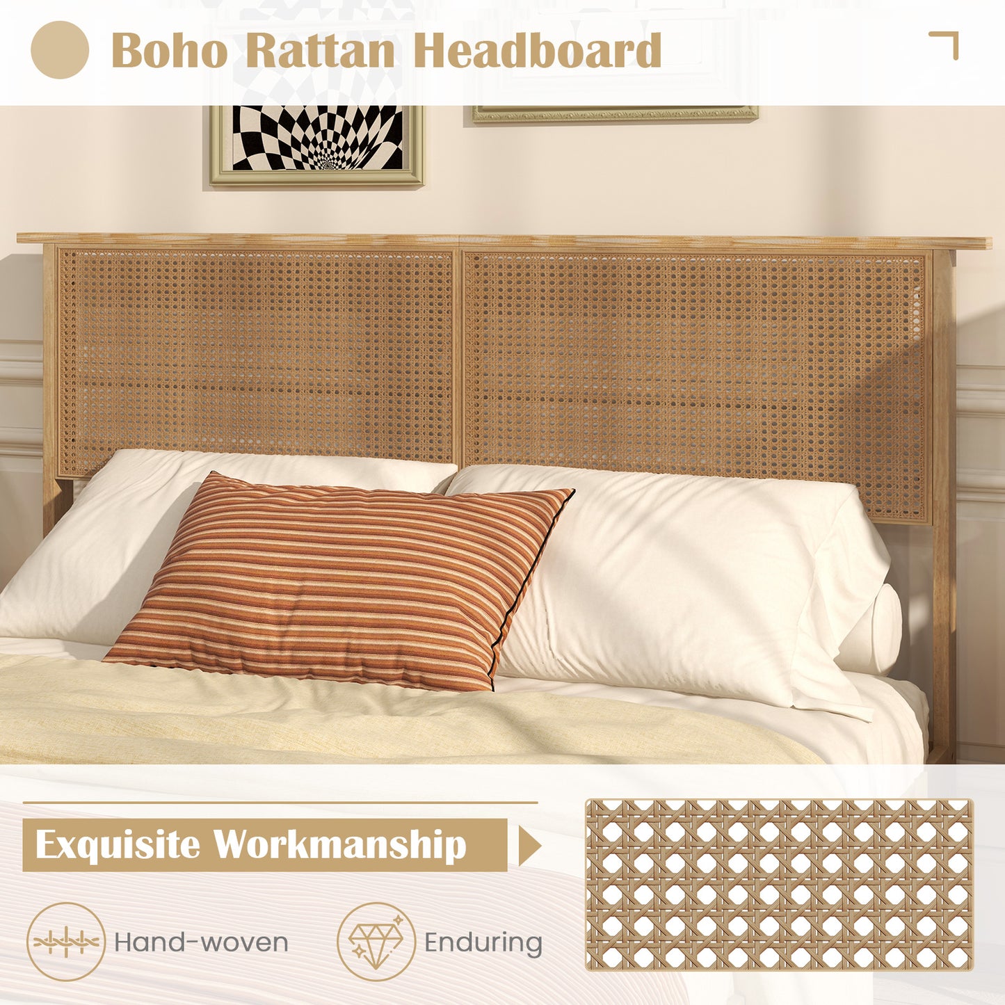 Boho Rattan Headboard Wooden Platform Bed Frame – Queen Size