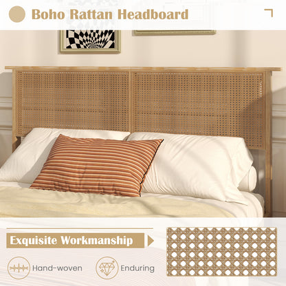 Boho Rattan Headboard Wooden Platform Bed Frame – Queen Size
